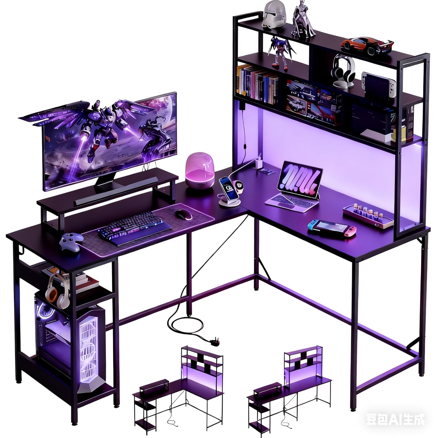 허치가 있는 L자형 게이밍 책상, LED 조명이 있는  - Pc Zotac Gaming 리뷰 및 가격